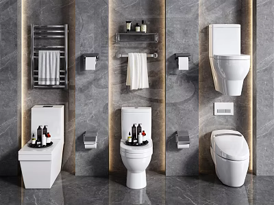 Different Styles of Modern Toilets in Bathroom Interior With Gray Wall and Towel Rack 3d model