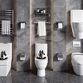 Different Styles of Modern Toilets in Bathroom Interior With Gray Wall and Towel Rack