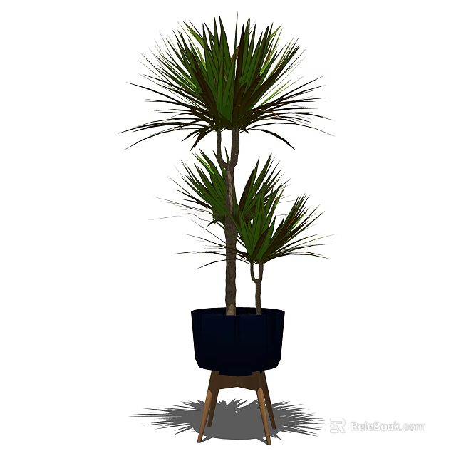 Potted Plant With Green Leaves In Black Pot On Wooden Stand 3d model 