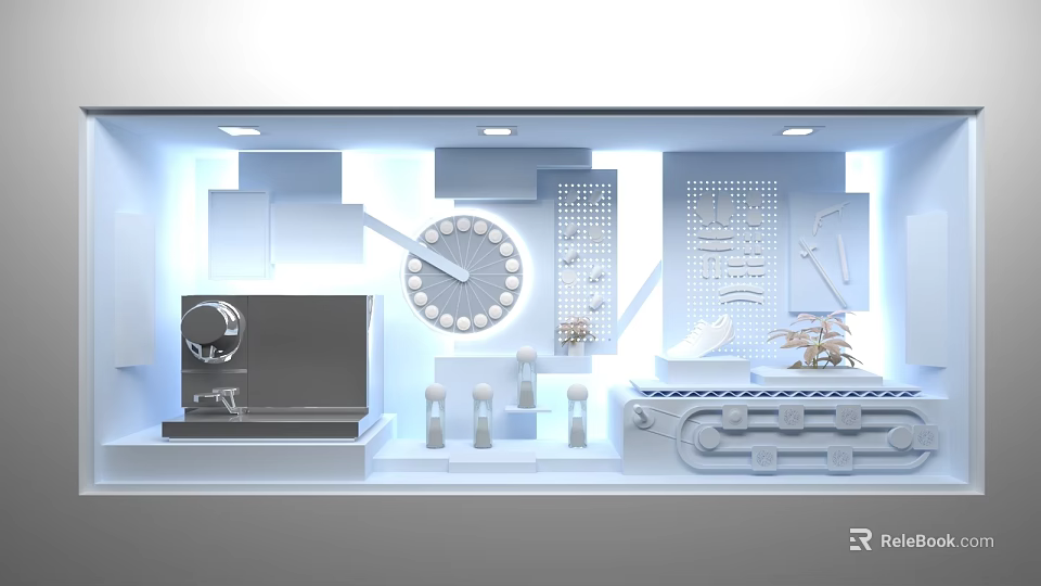 Modern Exhibition Display With Large Clock Screen Shelves Small Plant And Lighting 3d model