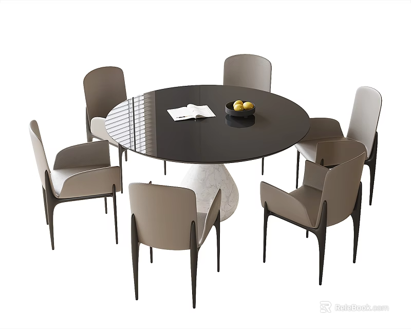 Modern Round Dining Table And Chairs Set With Open Book And Fruit Tray 3d model 