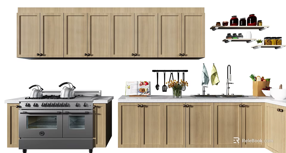 Modern Kitchen Wooden Cabinets With Stove Sink And Storage Design 3d model 