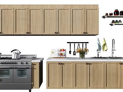 Modern Kitchen Wooden Cabinets With Stove Sink And Storage Design 3d model