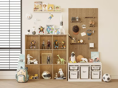 Kids Room With Wooden Storage Shelves Wall Decor Organized Toys And Figurines 3d model