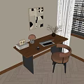 Modern Wooden Desk With Geometric Painting Lamp Laptop Radio Books Brown Chair And Window