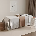 Comfortable Massage Table In Cozy SPA Room With Curtains Rug And Decorative Painting Trolley