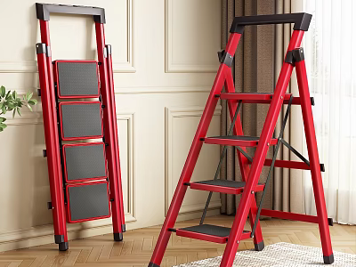 Red Metal Ladders With Black Treads In Interior Space Against White Wall And Wooden Floor 3d model