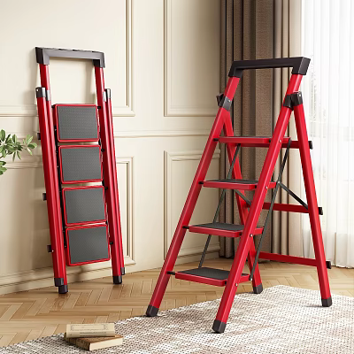 Red Metal Ladders With Black Treads In Interior Space Against White Wall And Wooden Floor 3d model