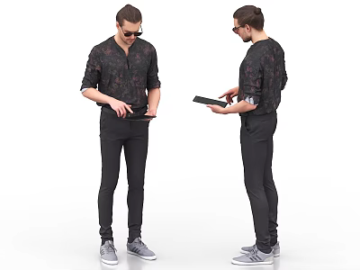 Man In Dark Patterned Shirt Black Pants Gray Shoes Holding Tablet Front Side Views 3d model