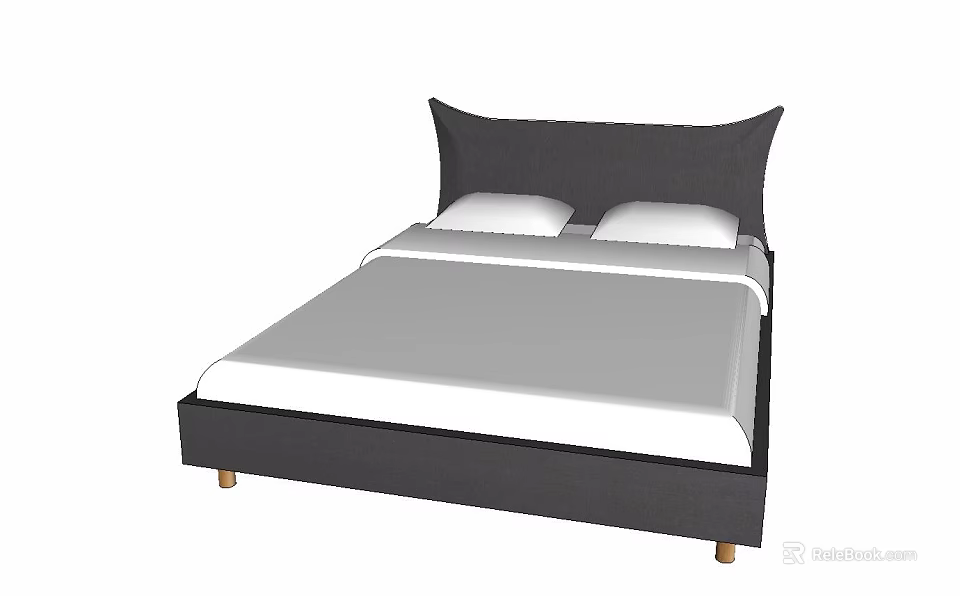 Modern Double Bed with Dark Headboard Two Pillows White Mattress and Wooden Legs 3d model 