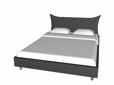 Modern Double Bed with Dark Headboard Two Pillows White Mattress and Wooden Legs 3d model