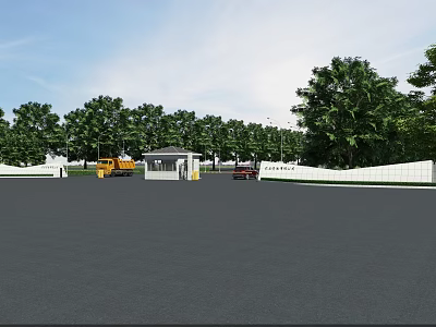 Modern Entrance Gate With White Walls Security Booth Trees And Asphalt Pavement Under Blue Sky 3d model