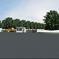 Modern Entrance Gate With White Walls Security Booth Trees And Asphalt Pavement Under Blue Sky