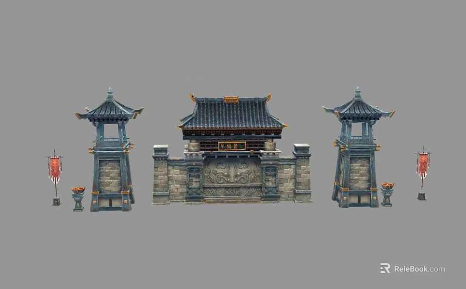 Traditional Ancient Chinese Architecture Main Gate With Side Towers And Red Lantern Decorations 3d model 