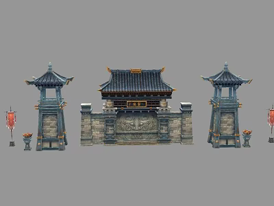 Traditional Ancient Chinese Architecture Main Gate With Side Towers And Red Lantern Decorations 3d model