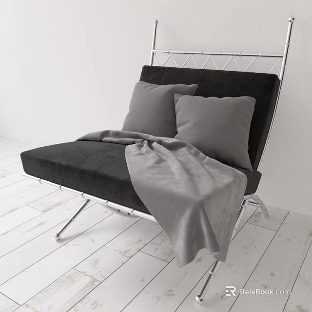 Cozy Modern Black Leisure Chair With Metal Frame Gray Pillows And Soft Blanket 3d model 
