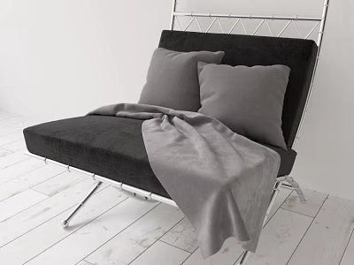 Cozy Modern Black Leisure Chair With Metal Frame Gray Pillows And Soft Blanket 3d model