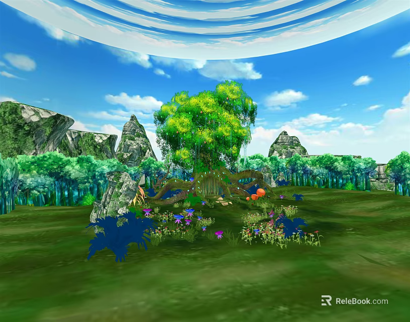 Cartoon Scenery With Blue Sky White Clouds Big Green Tree Rocks Grass And Colorful Flowers 3d model 