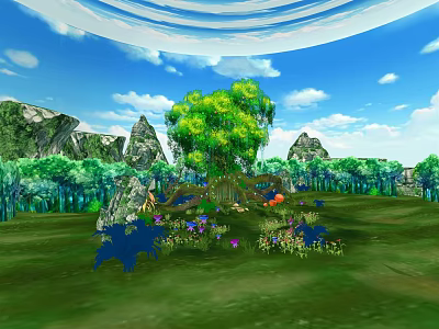 Cartoon Scenery With Blue Sky White Clouds Big Green Tree Rocks Grass And Colorful Flowers 3d model