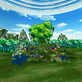 Cartoon Scenery With Blue Sky White Clouds Big Green Tree Rocks Grass And Colorful Flowers