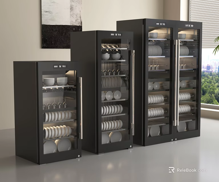 Black Kitchen Storage Appliances With Glass Doors And Neatly Arranged Plates Wine Glasses 3d model 