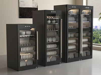 Black Kitchen Storage Appliances With Glass Doors And Neatly Arranged Plates Wine Glasses 3d model
