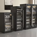Black Kitchen Storage Appliances With Glass Doors And Neatly Arranged Plates Wine Glasses