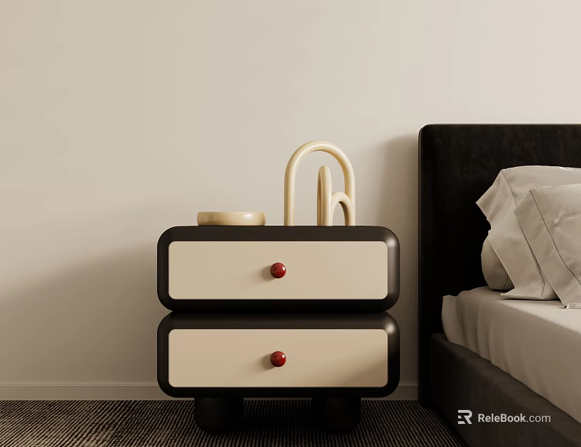 Bedside Table With Two Drawers Red Knobs Cup And Decor Next To Bed 3d model