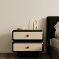 Bedside Table With Two Drawers Red Knobs Cup And Decor Next To Bed 3d model