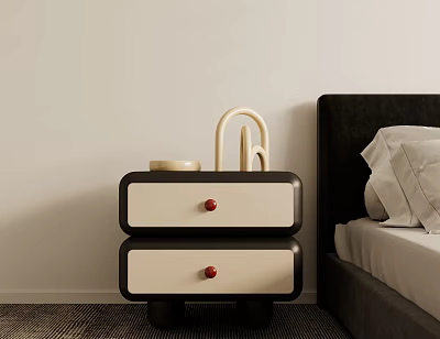 Bedside Table With Two Drawers Red Knobs Cup And Decor Next To Bed 3d model