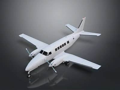 Small White Airplane With Twin Propellers And Windows Parked On Grey Background With Reflection 3d model