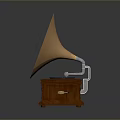 Vintage Phonograph With Ornate Brass Horn And Wooden Base Design