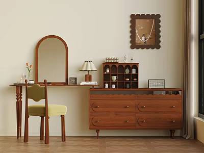 Vintage Dressing Table Setup With Wooden Cabinet Mirror Green Chair And Lamp 3d model