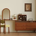 Vintage Dressing Table Setup With Wooden Cabinet Mirror Green Chair And Lamp