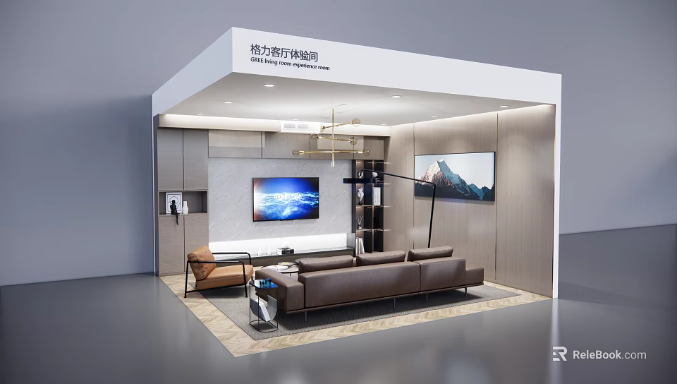 Modern Exhibition Interior with Delixi Switches Sockets Sofa TV Chandelier and Landscape Painting 3d model 