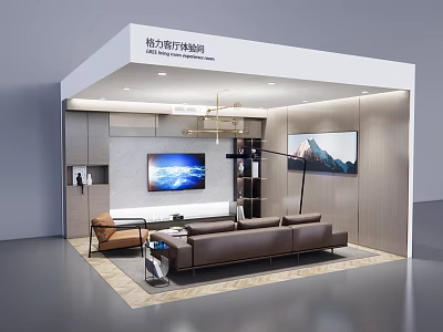 Modern Exhibition Interior with Delixi Switches Sockets Sofa TV Chandelier and Landscape Painting 3d model
