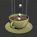 Hot Chocolate Drink In Yellow Cup With Falling Sugar Cubes And Small Spoon