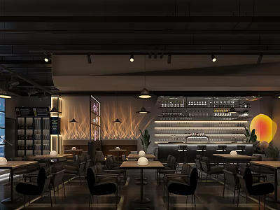 Modern Bar Interior Design With Pendant Lighting Bar Counter And Seating Area 3d model