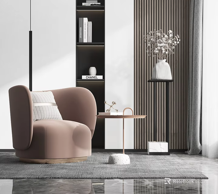 Modern Beige Armchair With Small Round Table Dried Flowers Vase And Bookshelf In Living Room 3d model 