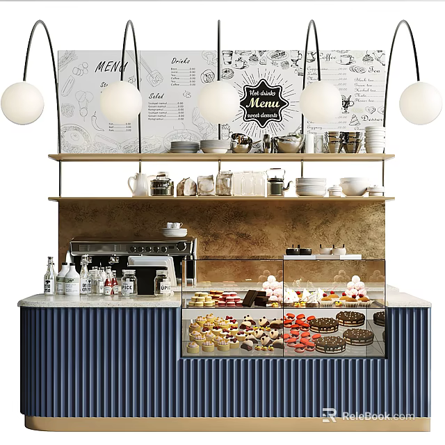 Blue Striped Bar Counter With Coffee Machine Dessert Display Case Hanging Lights And Menu Wall 3d model 