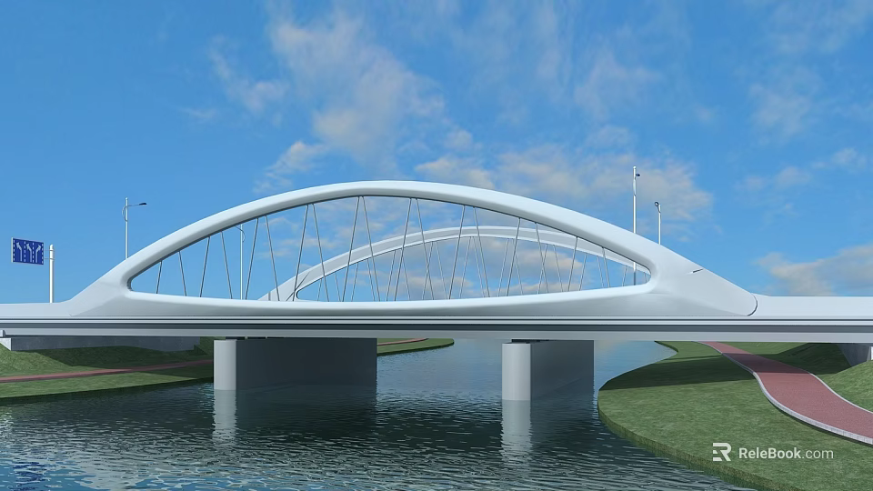 Modern Arch Bridge Over River With Green Grass Blue Sky And White Clouds 3d model 