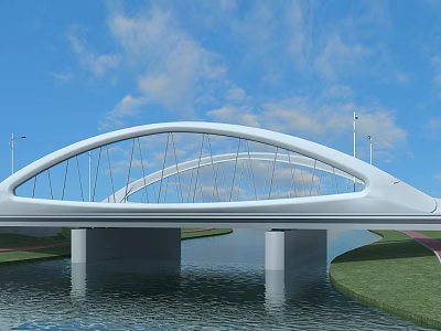 Modern Arch Bridge Over River With Green Grass Blue Sky And White Clouds 3d model