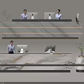 Modern Reception Desk with Staff Working on Computers Marble Countertop and Green Plants