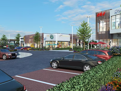 Modern Commercial Street With Parking Lot Cars Shops Buildings Greenery And Blue Sky 3d model