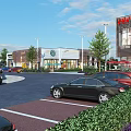 Modern Commercial Street With Parking Lot Cars Shops Buildings Greenery And Blue Sky