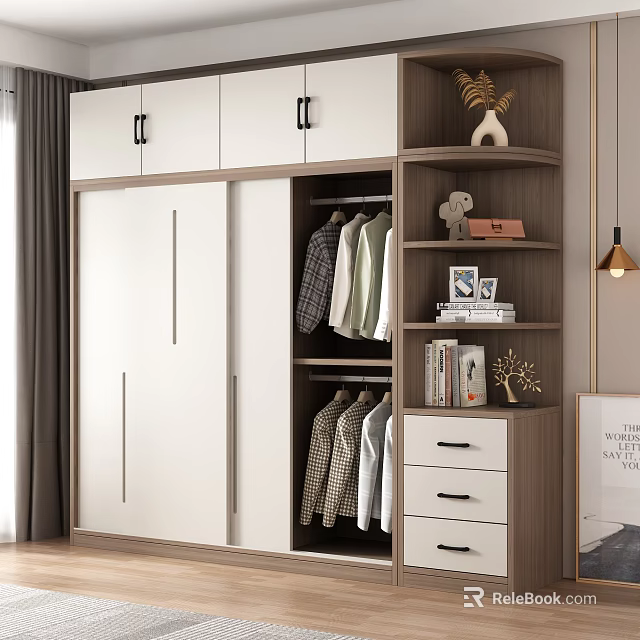 Modern White Wardrobe with Sliding Doors Open Hanging Area Wooden Shelves Drawers Books and Ornaments 3d model 