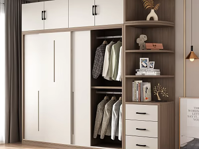 Modern White Wardrobe with Sliding Doors Open Hanging Area Wooden Shelves Drawers Books and Ornaments 3d model