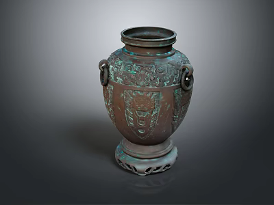 Antique Bronze Vase With Double Handles Intricate Carvings Decorative Base And Patina Finish 3d model