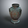 Antique Bronze Vase With Double Handles Intricate Carvings Decorative Base And Patina Finish