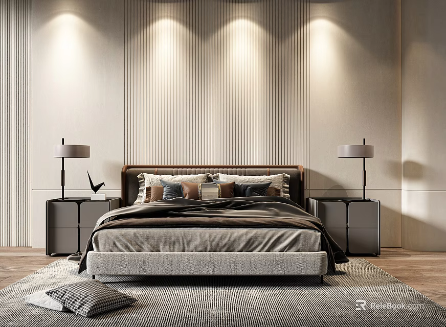 Modern Double Bed Bedroom Interior With Striped Wall Bedside Tables Table Lamps And Area Rug 3d model 